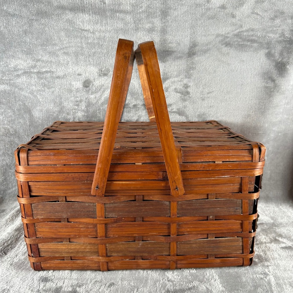 Vintage Woven Wood Picnic Basket Red Brown Hinged Lid Double Handles Rustic